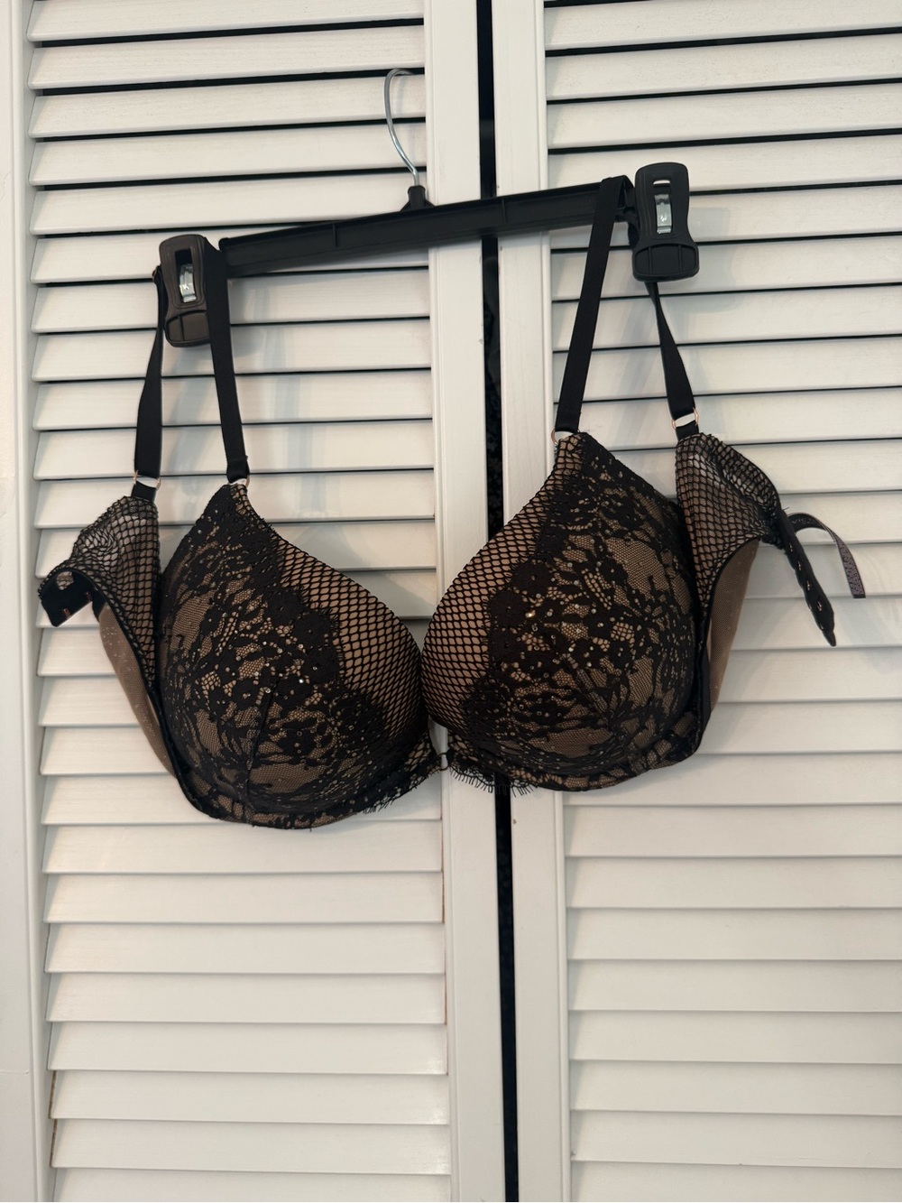 Victoria's Secret Black Lace Push-Up Bra over Nude